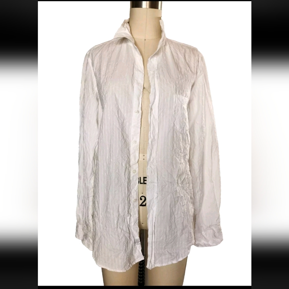 Frank & Eileen Barry Shirt Vertical Stripes Solid White Crinkled Wrinkled S - Picture 3 of 15